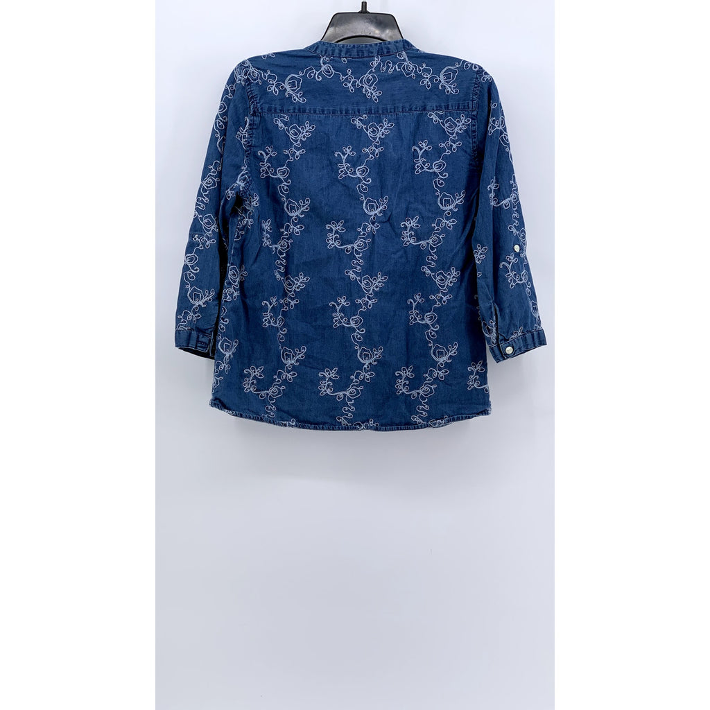 KORET Women's Blue Embroidered Split-Neck Long Sleeve Top SZ M
