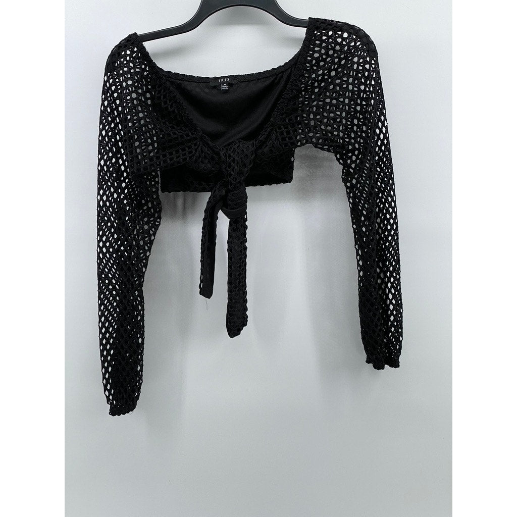 IRIS Women's Black Mesh Long Sleeve Tie-Knot Cropped Top SZ M