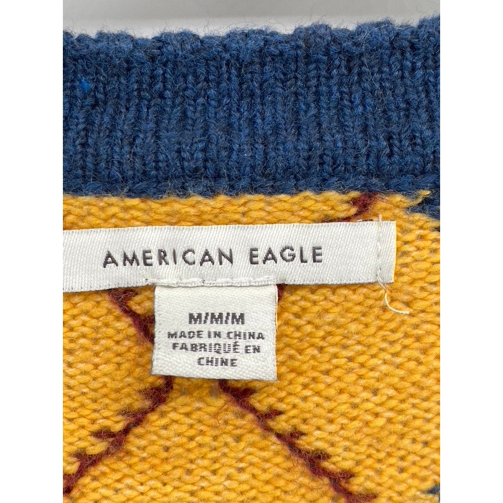 AMERICAN EAGLE Women's Navy-Yellow-Green Argyle Print Sweater SZ M