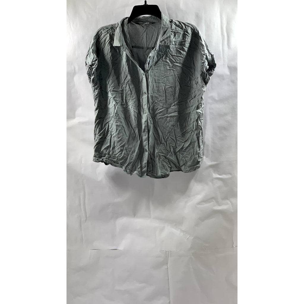 UNIQLO Women's Light Gray Short Sleeve Button-Up Relaxed Fit Top SZ M