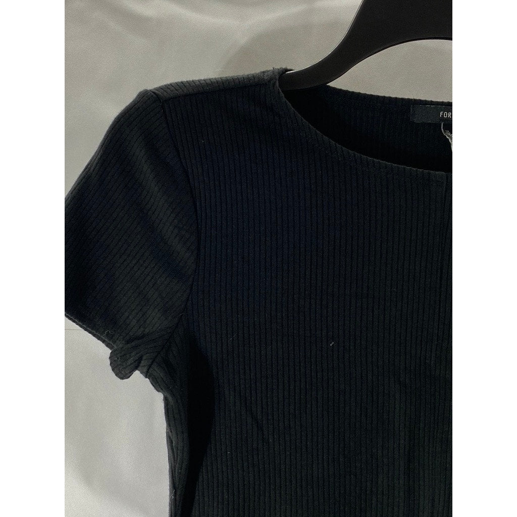 FOREVER 21 Women’s Black Ribbed Crewneck Short Sleeve Cropped Top SZ M