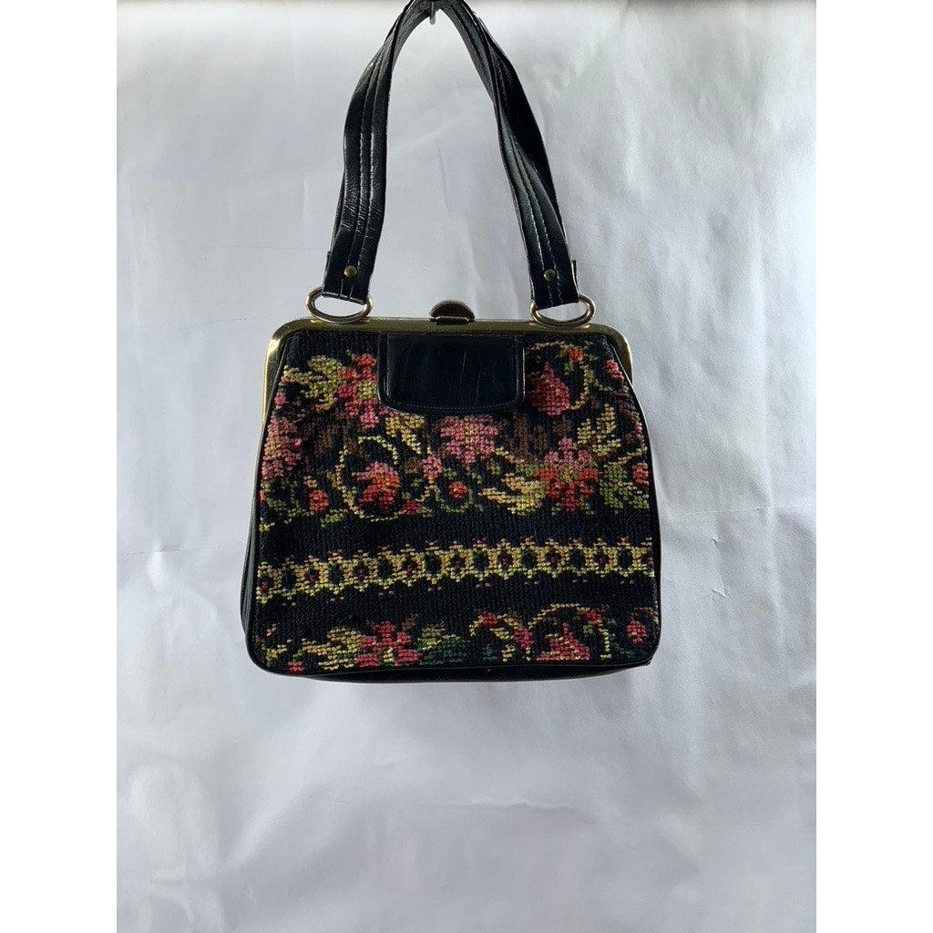 Women's Black Needle-Point Vintage 60's Square Tapestry Carpet Chic Shoulder Bag