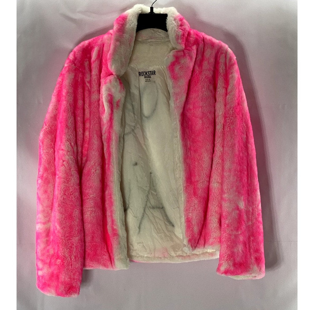 ROCKSTAR ORIGINAL Women's Pink Faux-Fur Rock Faux Graffiti Open-Front Coat SZ M