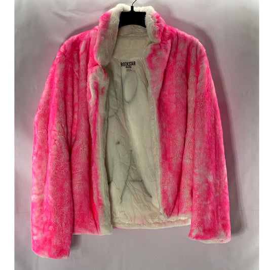 ROCKSTAR ORIGINAL Women's Pink Faux-Fur Rock Faux Graffiti Open-Front Coat SZ M