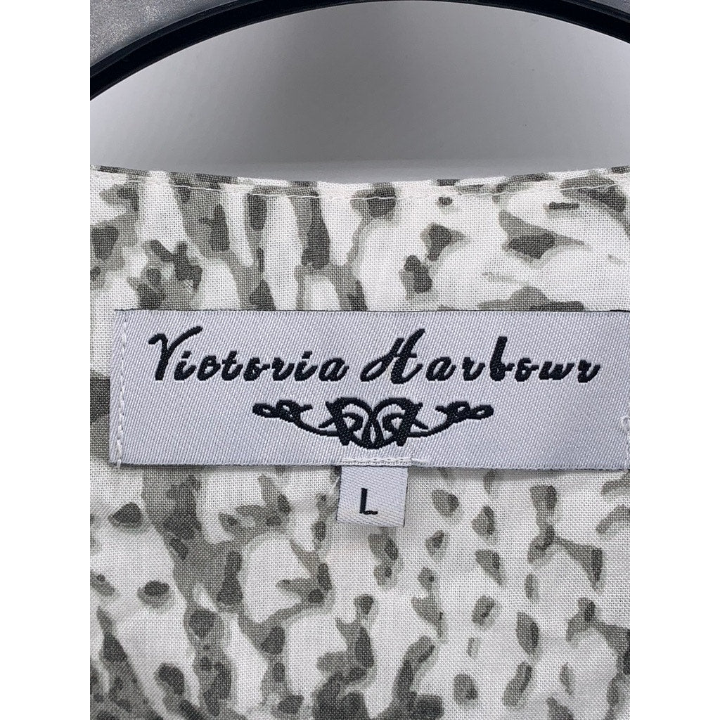 VICTORIA HARBOUR Women's Vintage White-Gray Printed Studded Lace-Up Top SZ L