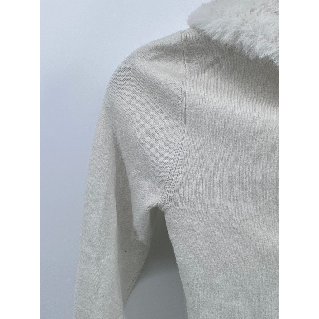 SUNDAY BEST Women's White Faux-Fur Button-Up Cropped Sweater Top SZ 2XS