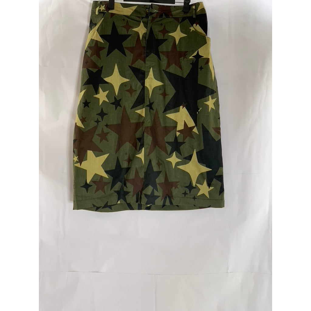 HENGSHENG JEANS Women's Army Green Star Print Military Style Straight Skirt SZ M
