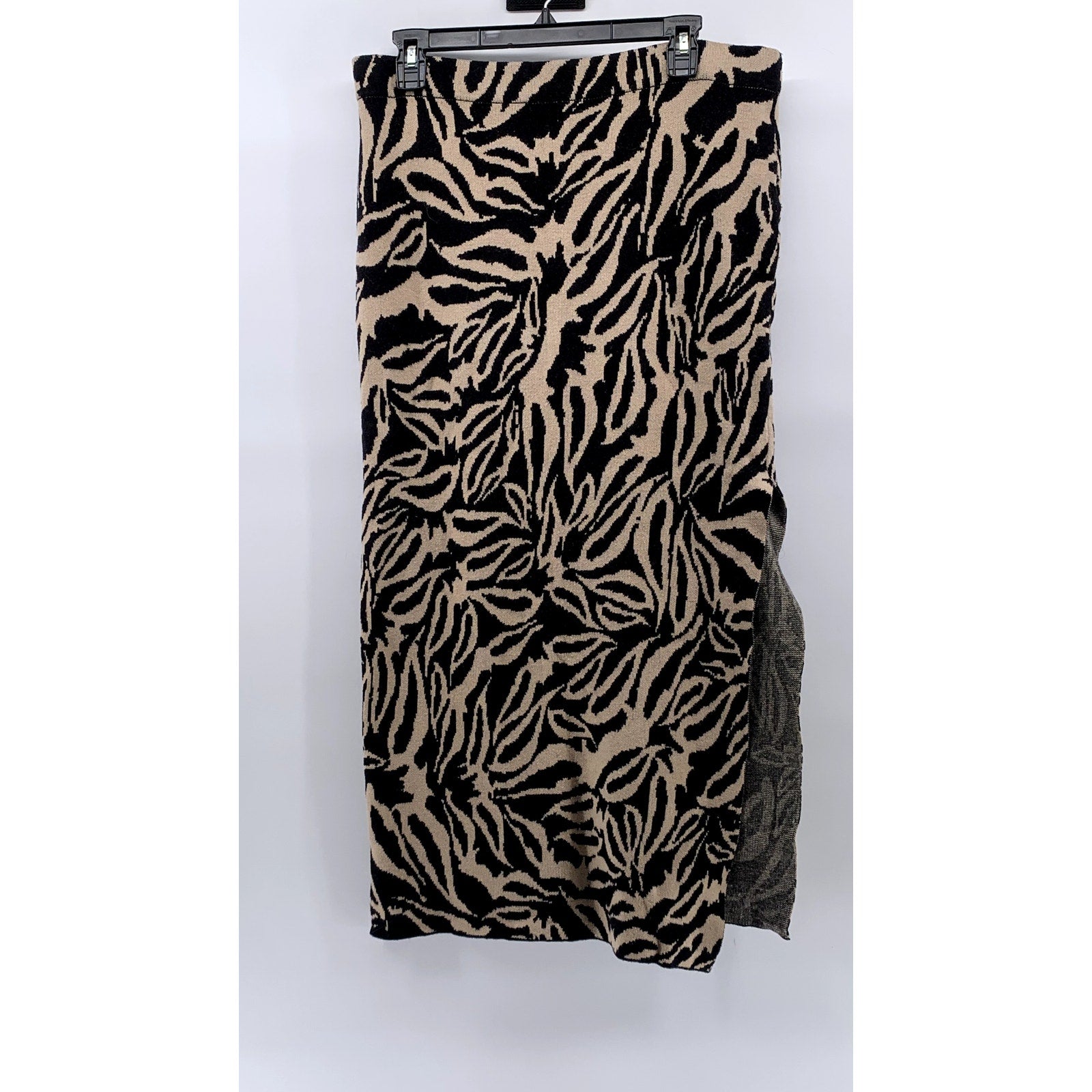 MINKPINK Women's Black-Beige Printed Savannah Intazia Side-Slit Midi Skirt SZ XL