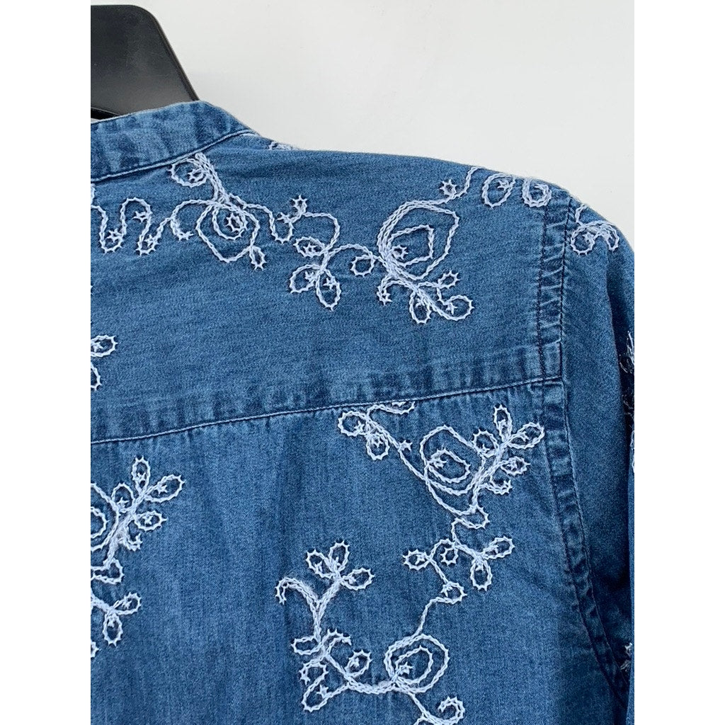 KORET Women's Blue Embroidered Split-Neck Long Sleeve Top SZ M