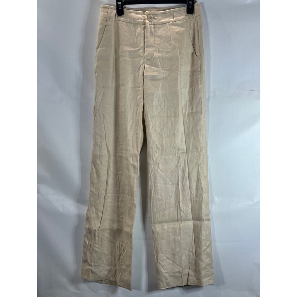 CABI Women's Beige Everly Linen Blend Straight Wide-Leg Pants SZ 6