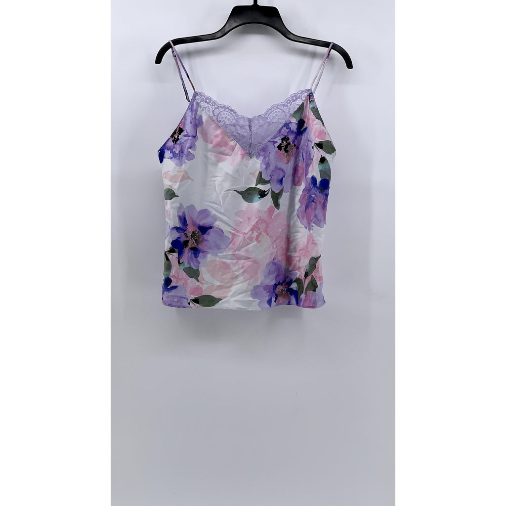 LILAC & LONDON Women's White Satin Floral Lace-Trim Sleep Top SZ L