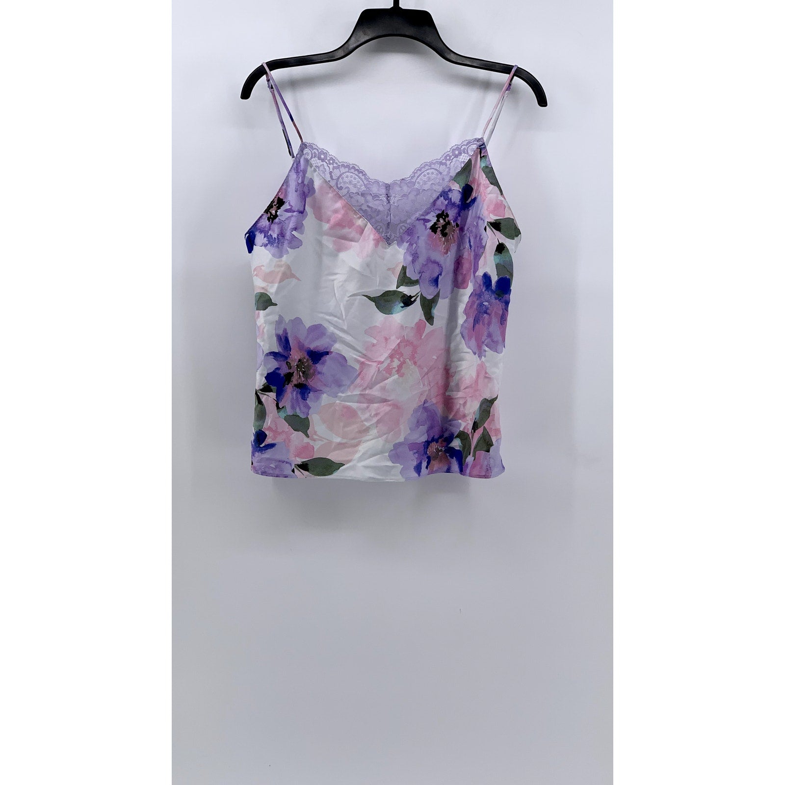 LILAC & LONDON Women's White Satin Floral Lace-Trim Sleep Top SZ L