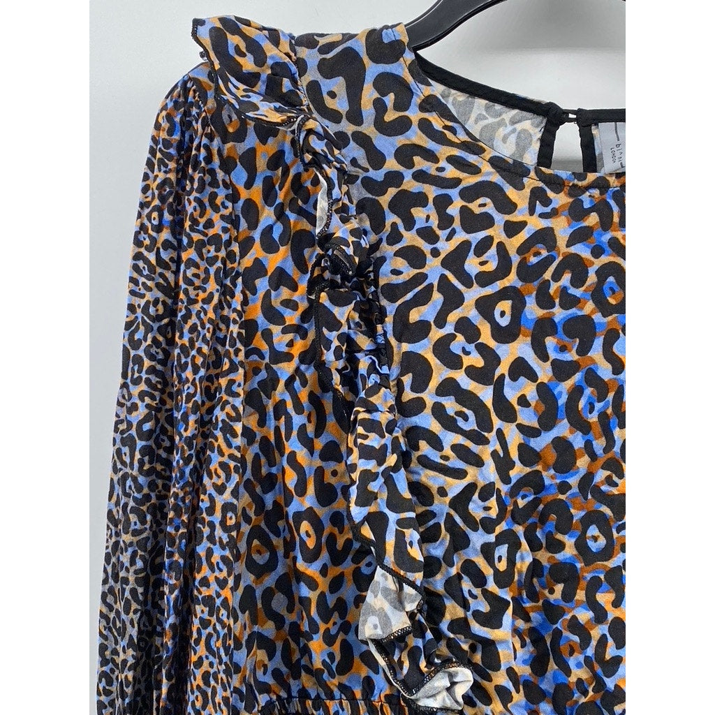 BLANK LONDON Women's Black-Blue-Orange Leopard Print Ruffle Long Sleeve Top SZ L