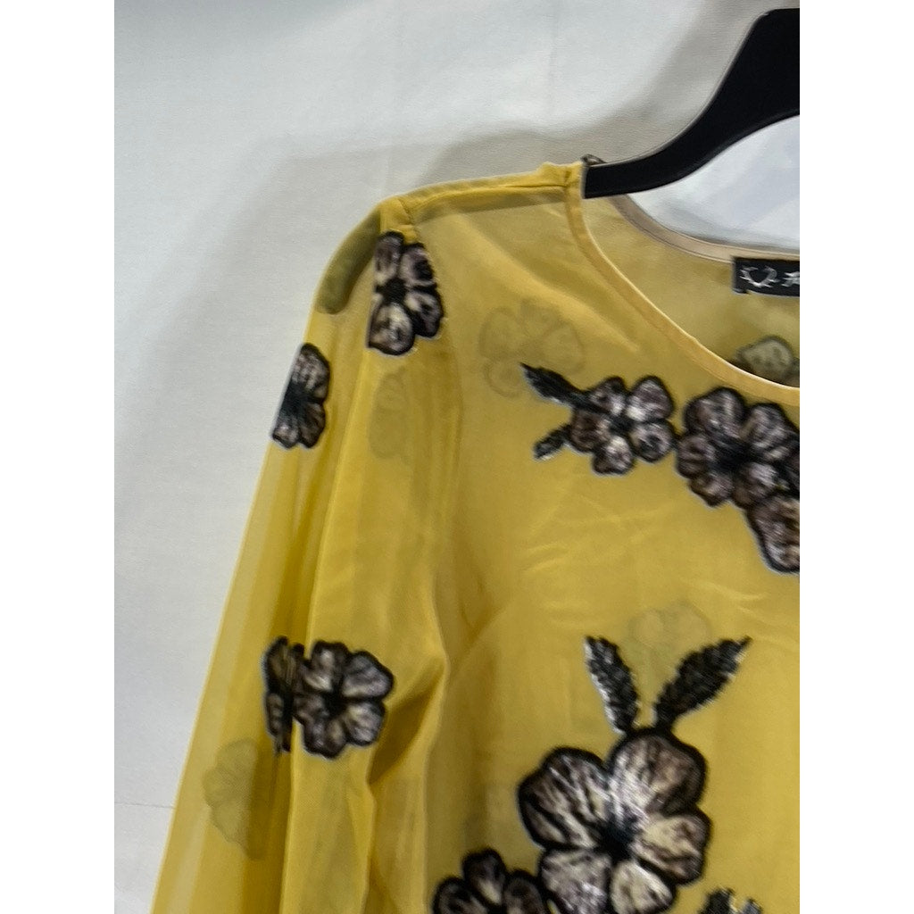 FOR LOVE & LEMONS Women's Mustard Heather Velvet Floral Mesh Mini Dress SZ S