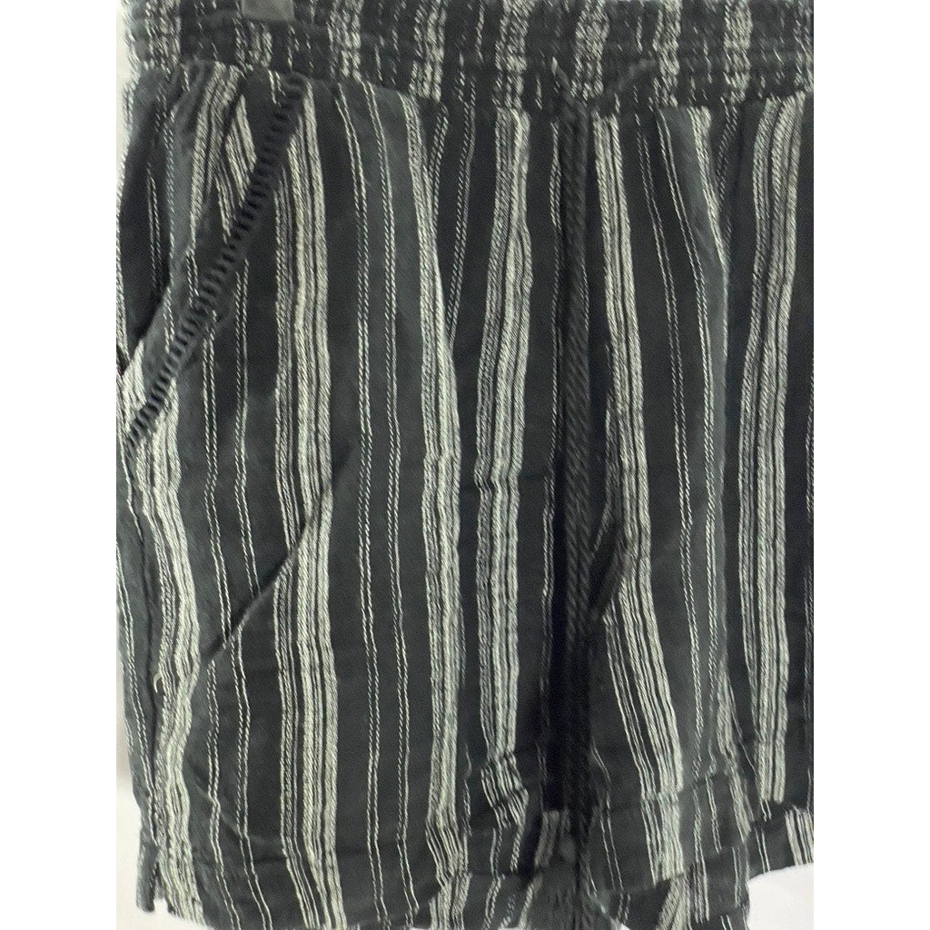 BRIGGS Women's Black-Gray Striped Elastic-Waist Linen Blend Shorts SZ L