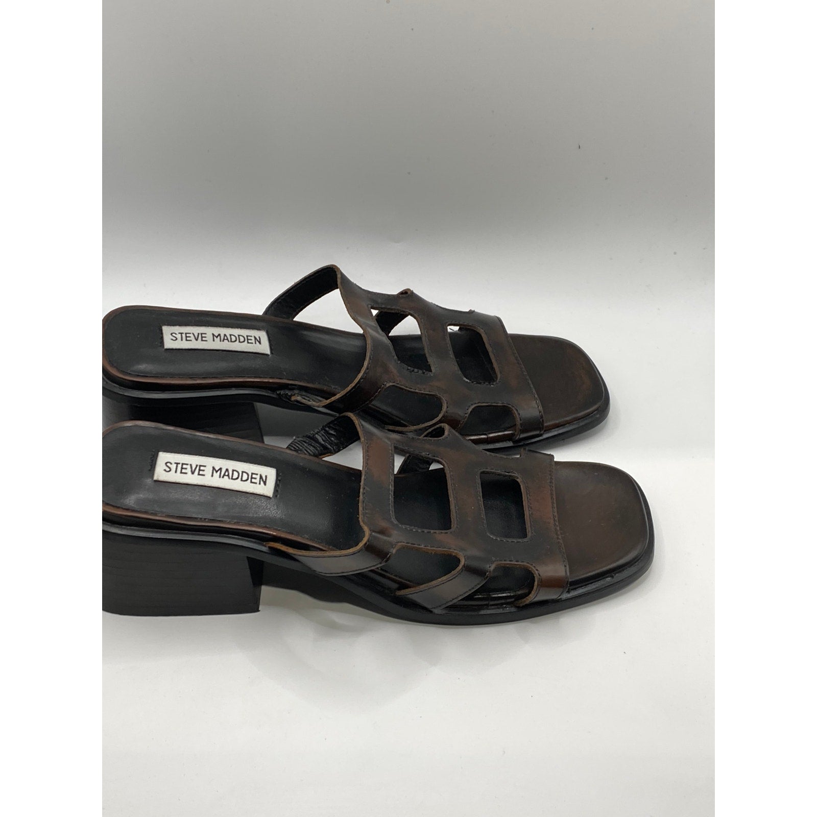 STEVE MADDEN Women's Brown Leather Square-Toe Block-Heel Slide Sandals SZ 7