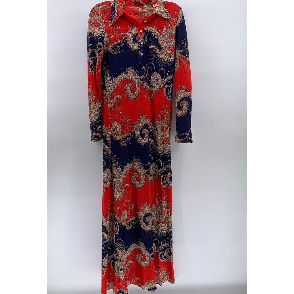 RICHARD SHOPS Women's Red-Navy Dragon Print Henley Long Sleeve Maxi Dress SZ 14