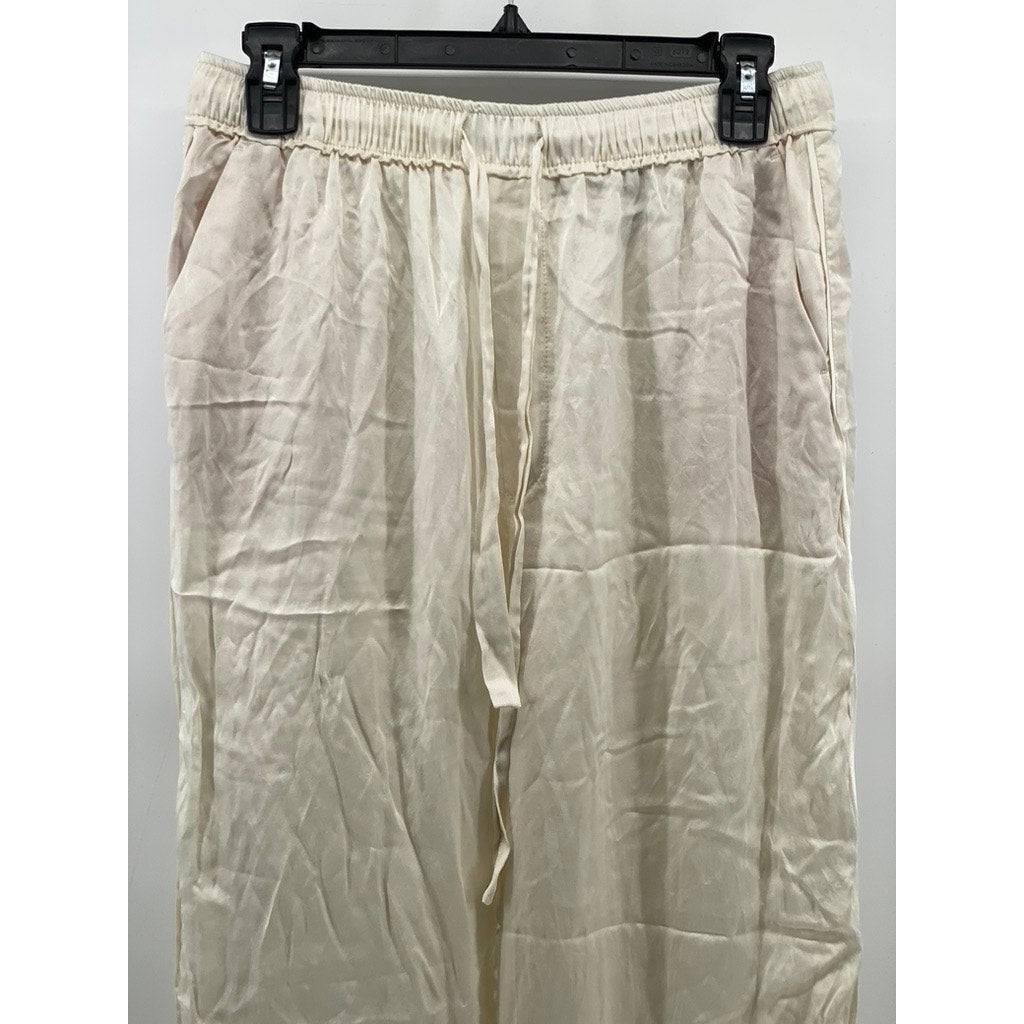 ZARA Women's Off-White Silk Drawstring Relaxed Fit Pull-On Pajama Pants SZ M