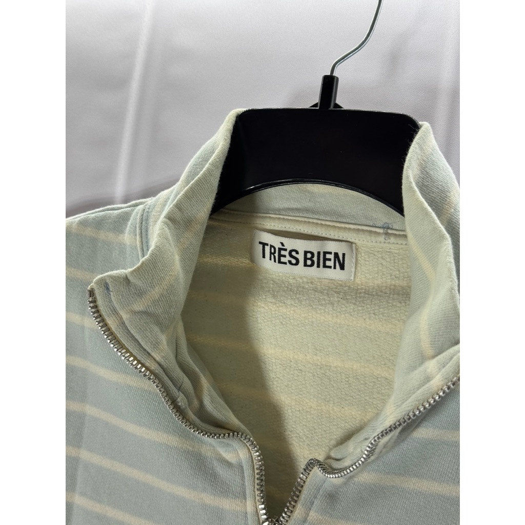TRES BIEN Women's Green/Cream Striped Quarter-Zip Pullover Sweater SZ S