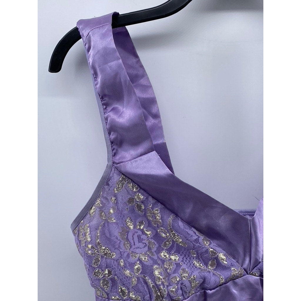 UNBRANDED Women's Purple-Gold Metallic Floral Lace V-Neck Night Gown SZ S