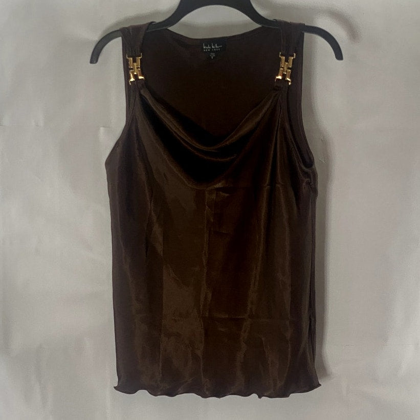 NICOLE MILLER New York Women's Brown Satin Hardware Sleeve Cowl Neck Top SZ S