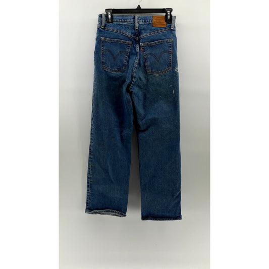 LEVI'S Women's Medium Blue Distressed Ribcage Straight Button-Fly Jeans SZ 28