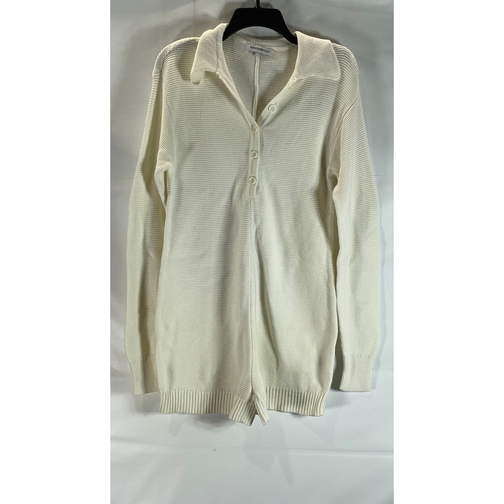 WEWOREWHAT Women's Beige Rib Knit Henley Long Sleeve Sweater Romper SZ S