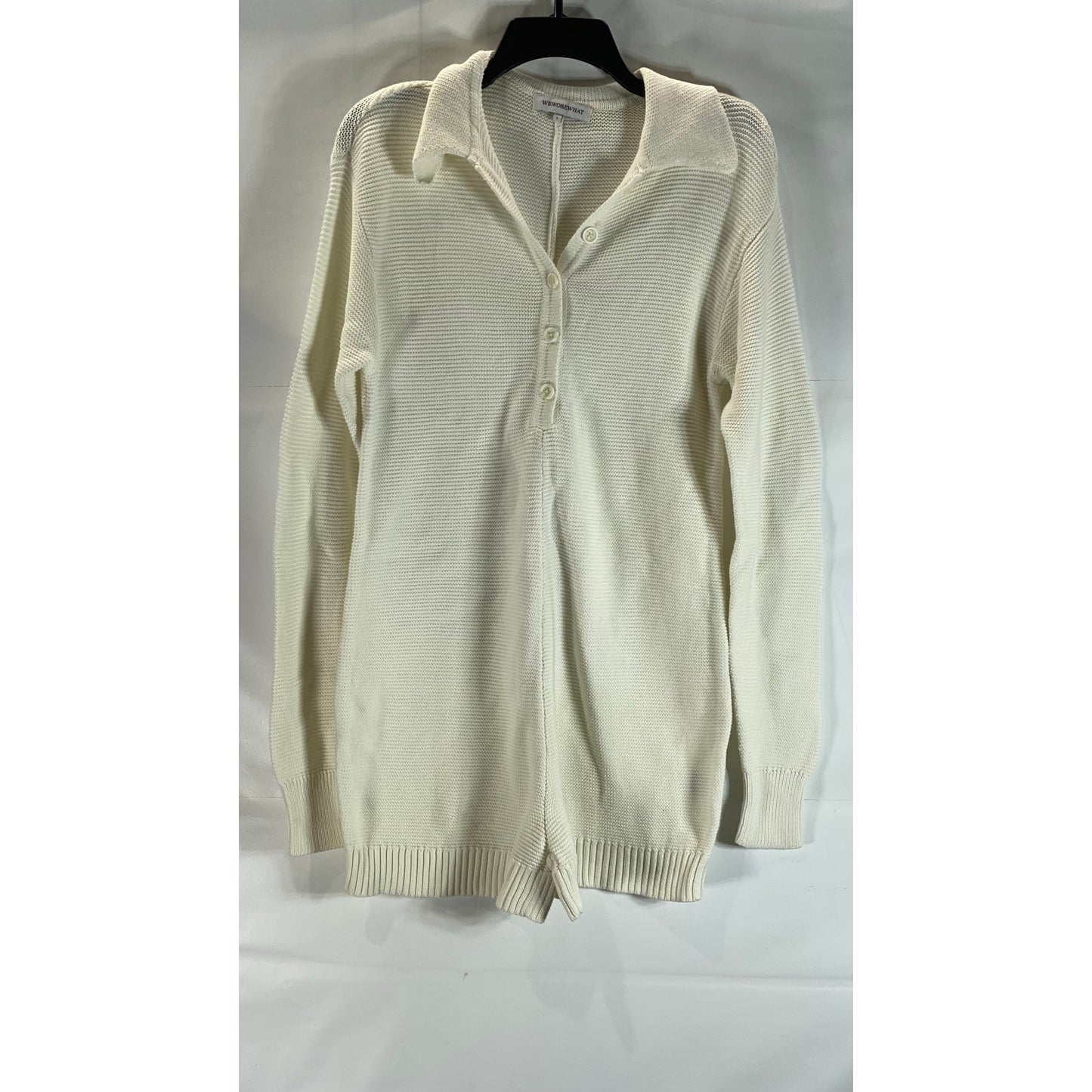 WEWOREWHAT Women's Beige Rib Knit Henley Long Sleeve Sweater Romper SZ S