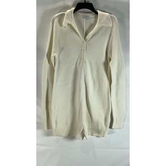 WEWOREWHAT Women's Beige Rib Knit Henley Long Sleeve Sweater Romper SZ S