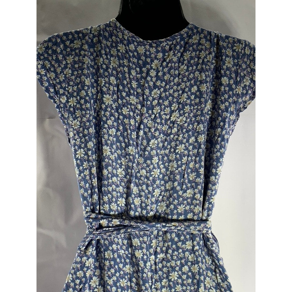 WALKER & WADE Women's Blue Floral Ruffle-Trim V-Neck Wrap Midi Dress SZ XS