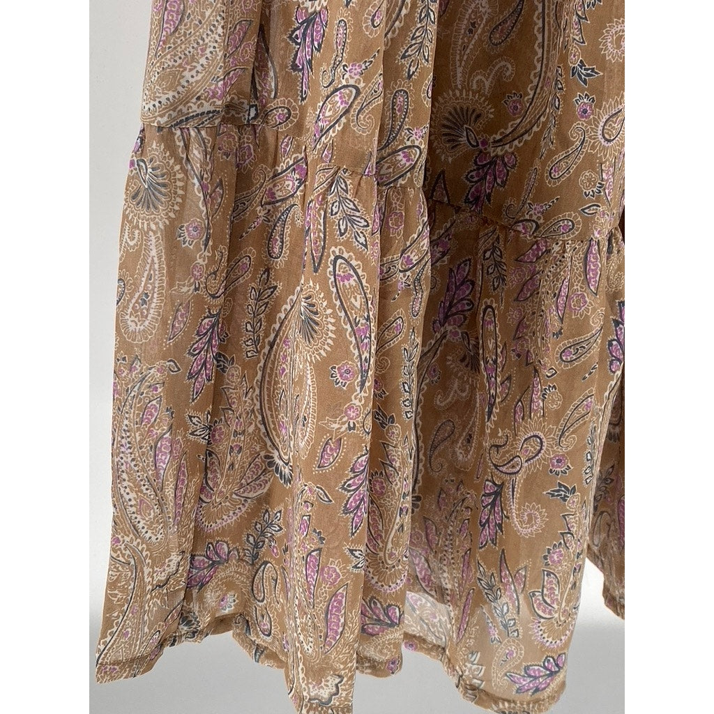 ELAN Women’s Tan Paisley Printed Long Sleeve Ruffle Trim Wrap Midi Dress SZ S