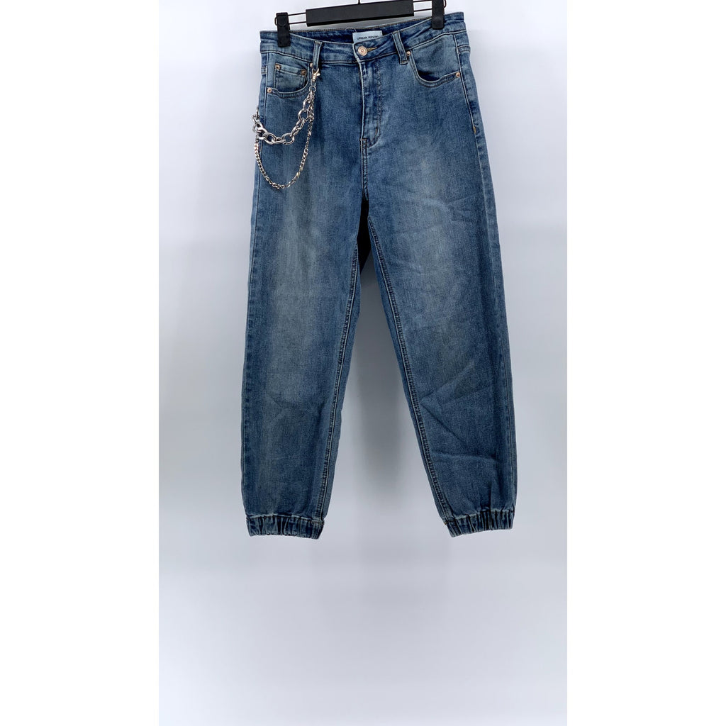 URBAN REVIVO Women's Medium Wash Blue Denim Chain Five-Pocket Jogger Jeans SZ 2