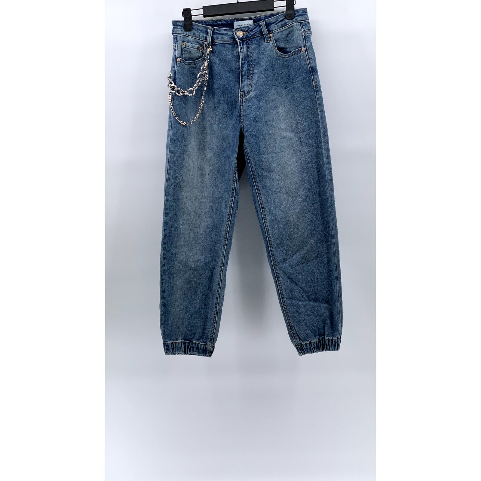 URBAN REVIVO Women's Medium Wash Blue Denim Chain Five-Pocket Jogger Jeans SZ 2