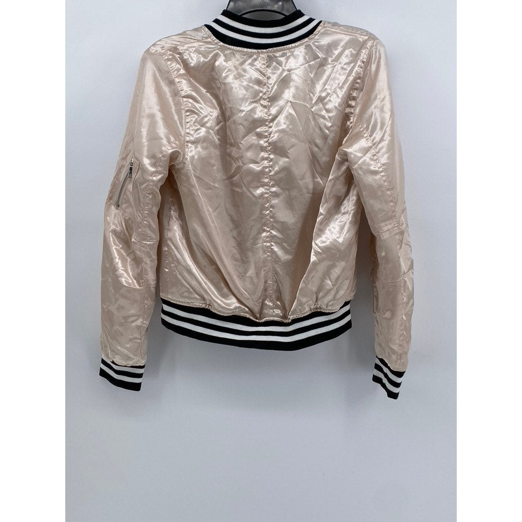 NEW LOOK Women's Beige Satin-Like Zip-Up Bomber Jacket SZ M
