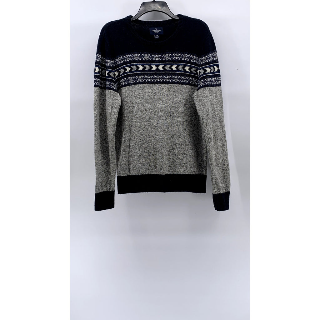 AMERICAN EAGLE Men's Navy Blue-Gray Arrow Crewneck Knit Long Sleeve Sweater SZ M