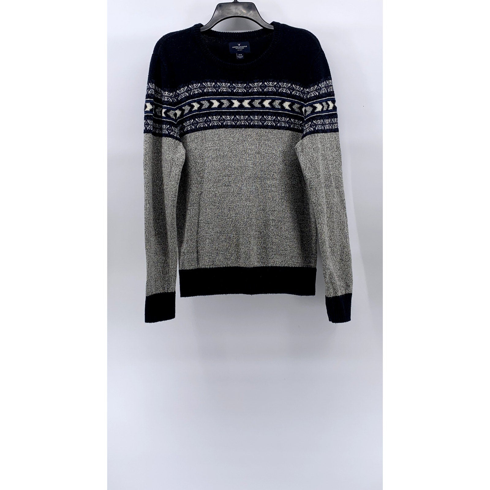 AMERICAN EAGLE Men's Navy Blue-Gray Arrow Crewneck Knit Long Sleeve Sweater SZ M