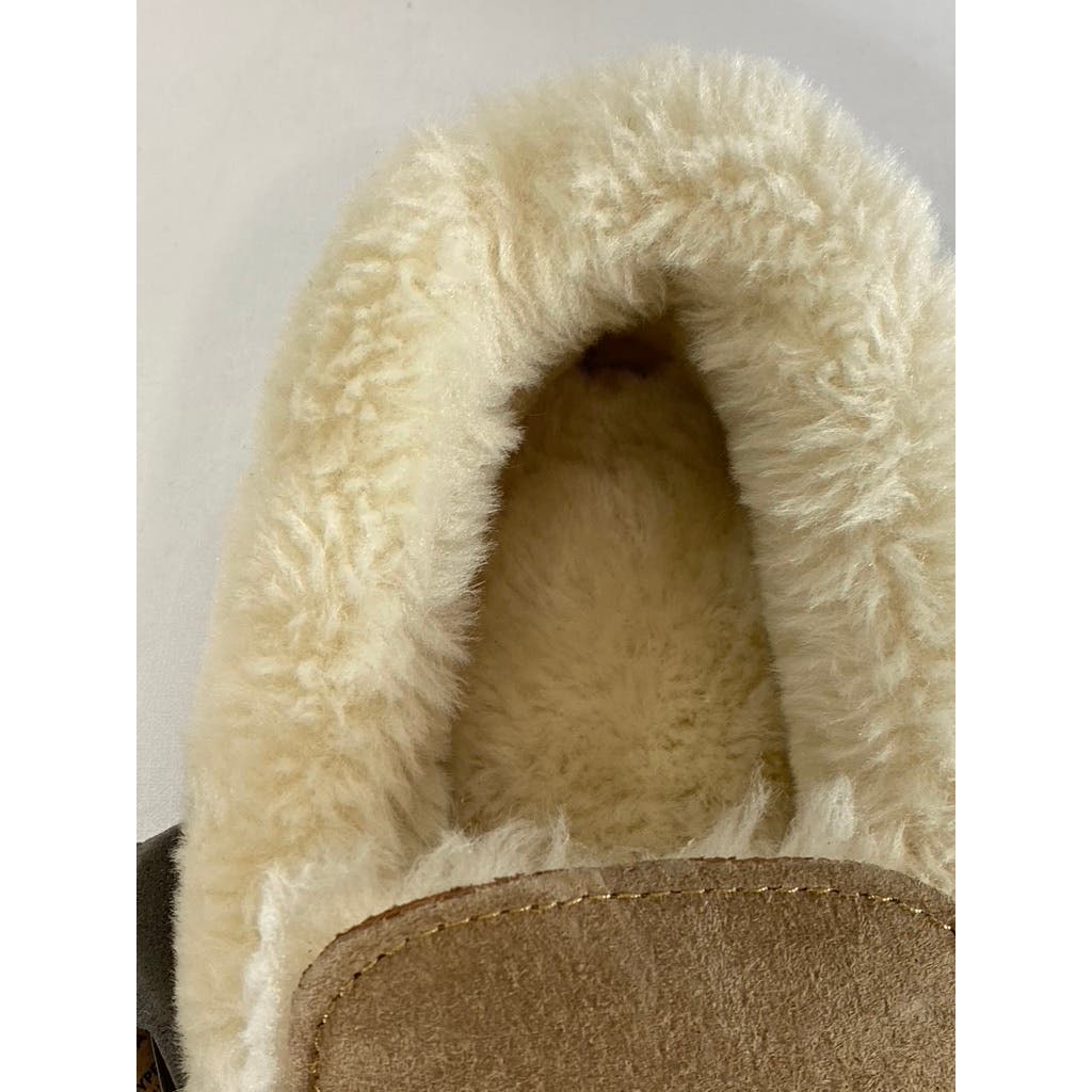 LAMO Women's Tan Suede Faux-Fur Aussie Moc-Toe Cirrus Memory Foam Slipper SZ 7