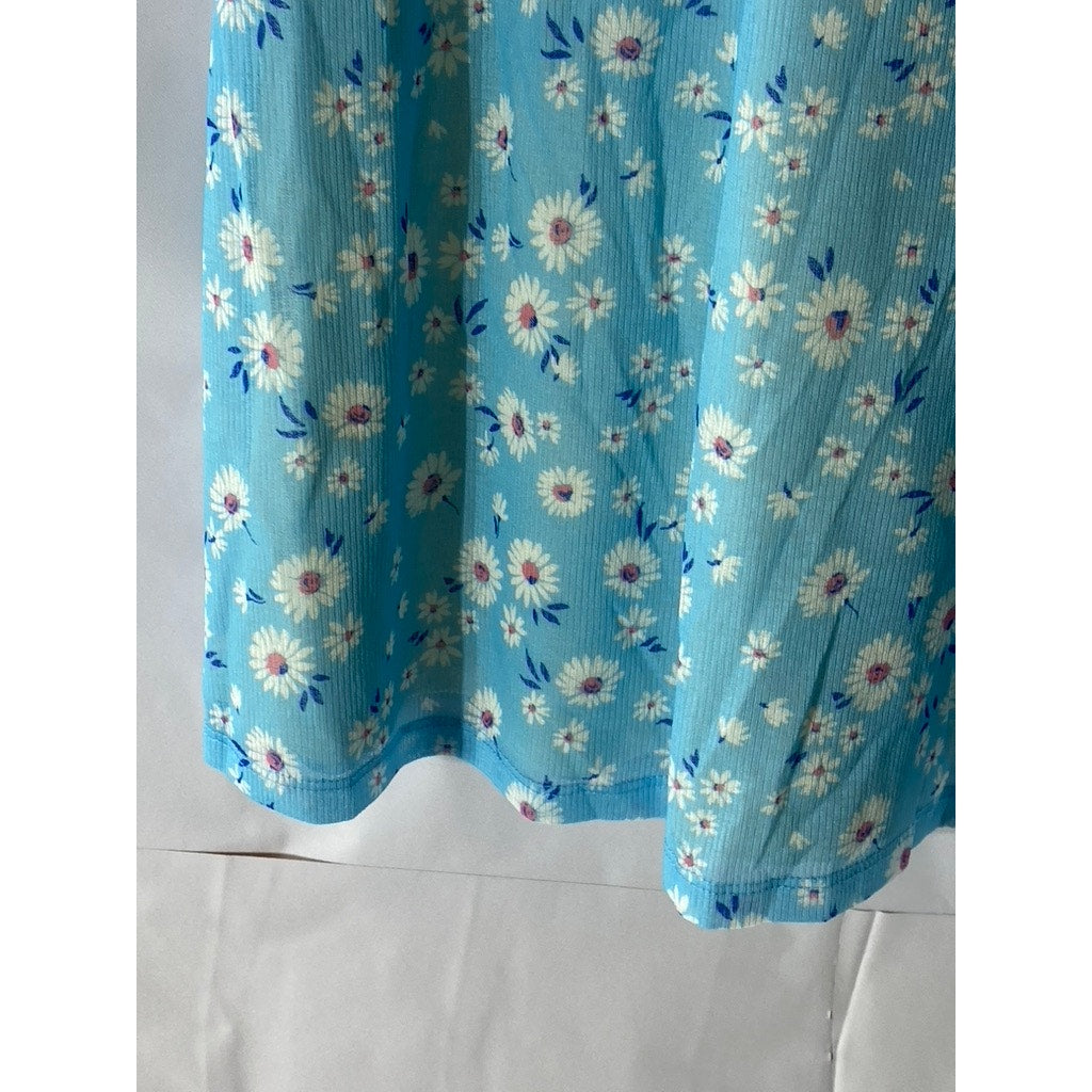 BERSHKA Women’s Light Blue Milkmaid Floral Puff Short Sleeve Mini Dress SZ M