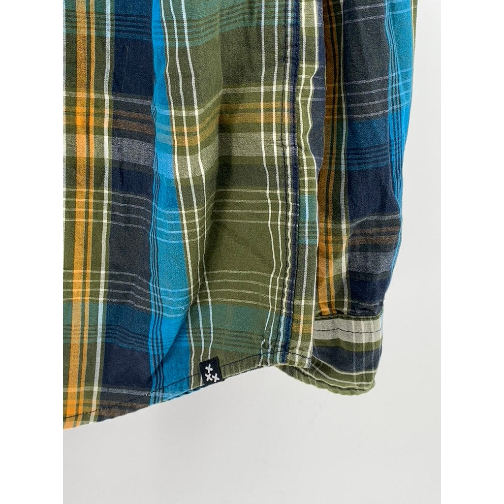 XXX RUDE Men's Green-Blue Plaid Button-Up Long Sleeve Regular-Fit Shirt SZ M