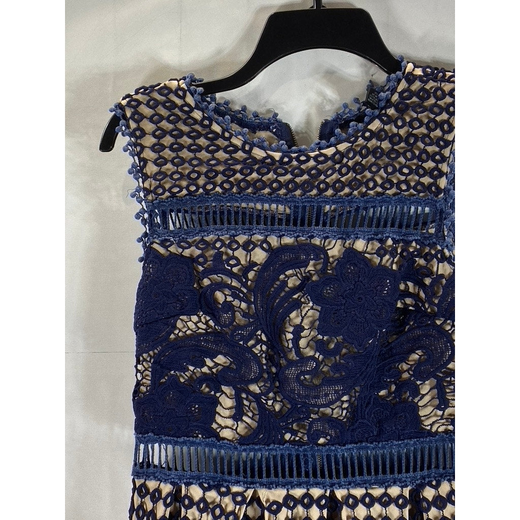 AQUA Women's Navy/Nude Eyelet Lace-Trim Sleeveless A-Line Mini Dress SZ S
