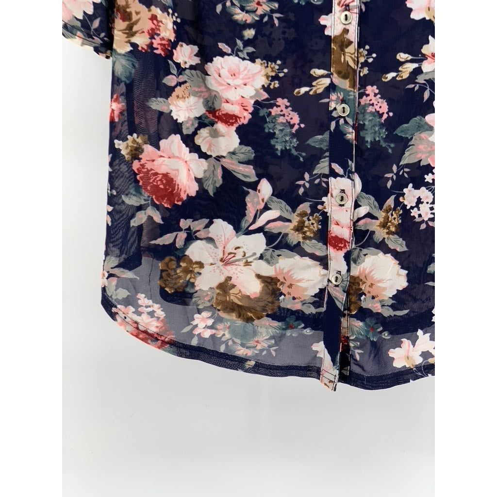 SIREN LILY Women's Navy Floral Mesh Button-Up Long Sleeve Top SZ S