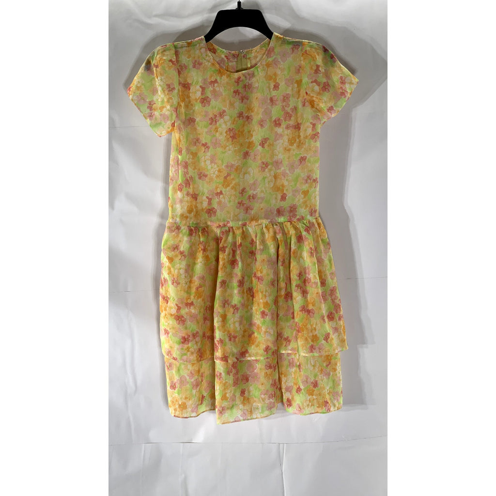 UNBRANDED Girls' Orange Floral Crewneck Short Sleeve Tiered Dress SZ L