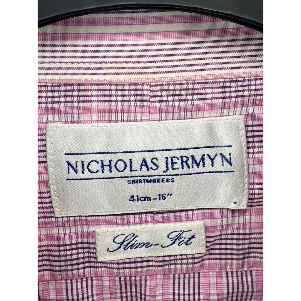 NICHOLAS JERMYN Men’s Pink Micro Plaid Slim-Fit Button-Up Long Sleeve Shirt SZ16