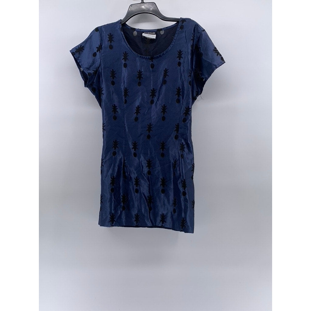 CABRAIS COLLECTION Women's Blue Pineapple Crewneck Short Sleeve Mini Dress SZ 12