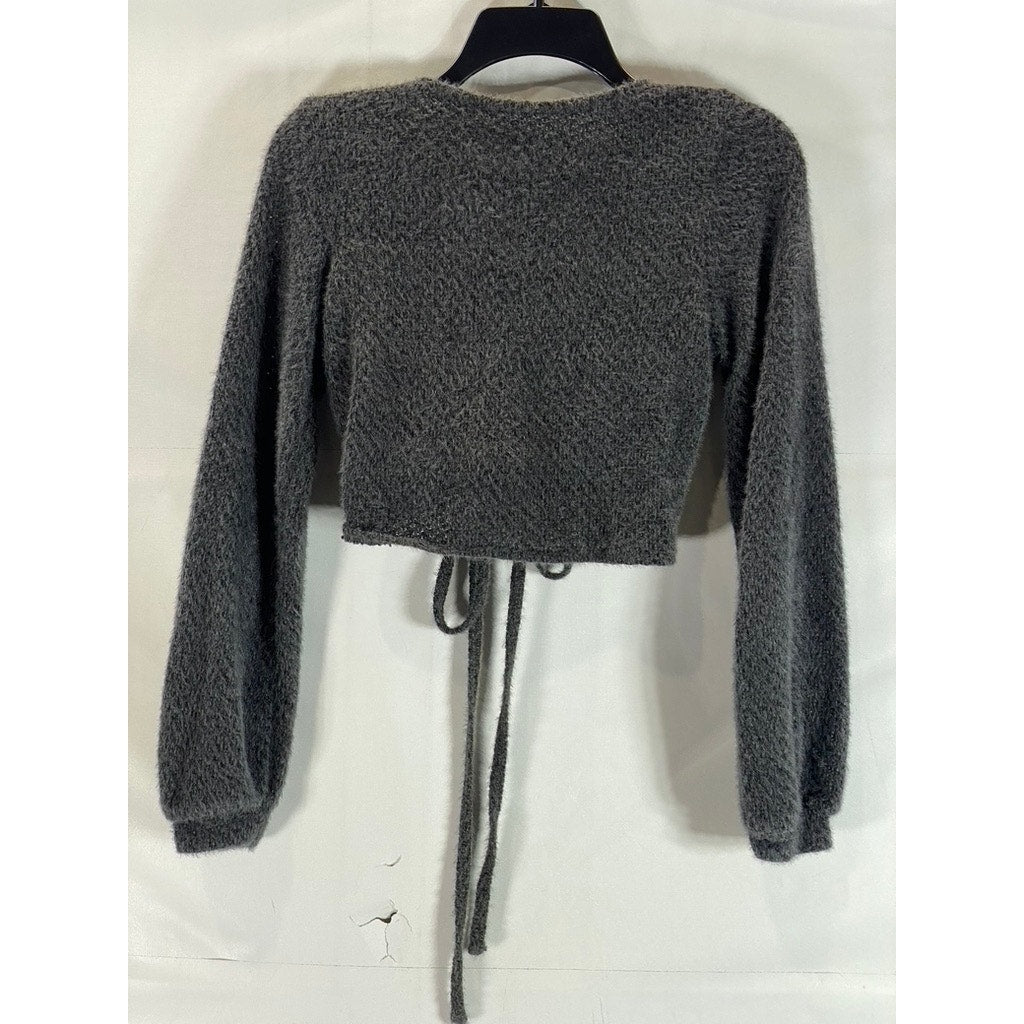 HOLLISTER Women's Gray Open Front Knit Waist Tie Long Sleeve Crop Sweater SZ M