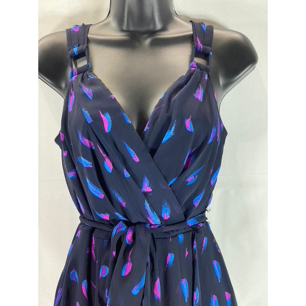 DKNY Women's Berry Multi Printed Buckle-Strap Faux-Wrap Tie-Waist Dress SZ 2