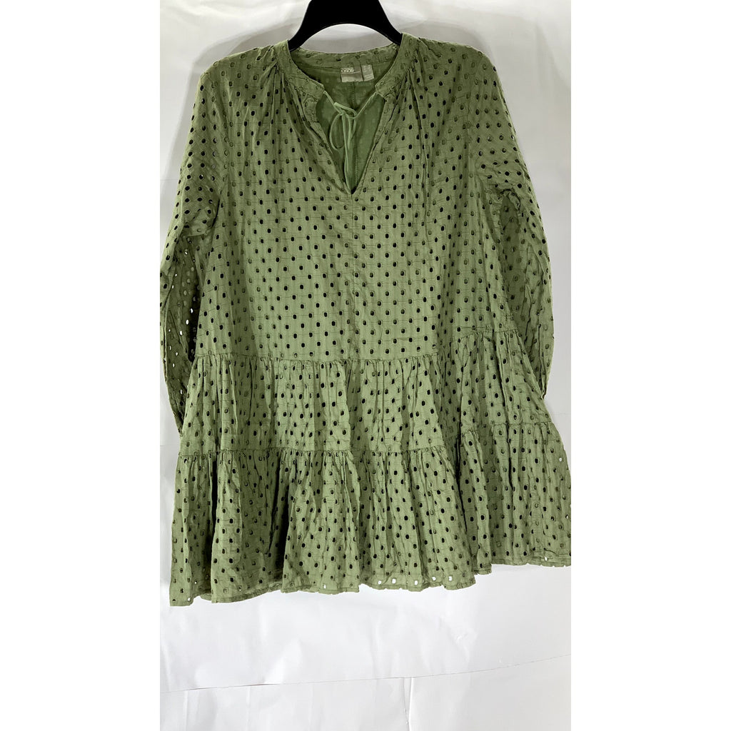 ASOS Women's Dark Green Eyelet Tie-Neck Long Sleeve Tiered Mini Dress SZ 2