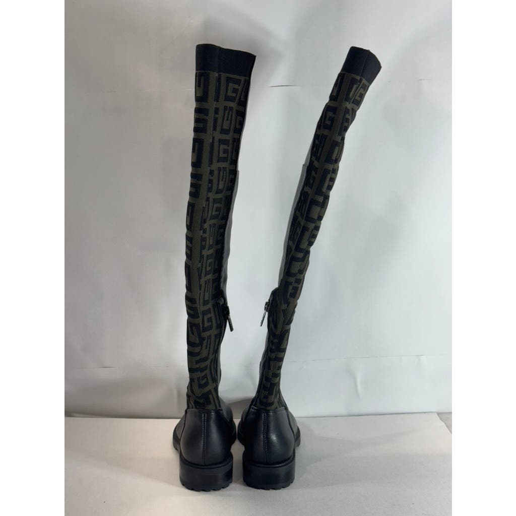 GUESS Women's Black/Taupe Remone Block-Heel Pull-on Knee High Boots SZ 6