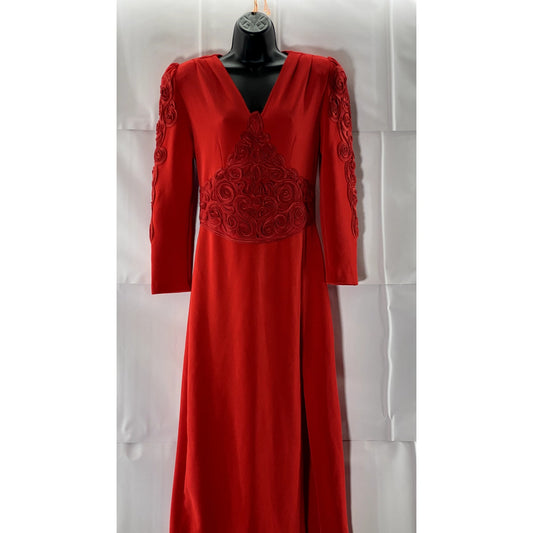 AFFLUENCE Women's Bright Red 3D Floral Trim V-Neck Split-Hem Maxi Gown SZ S