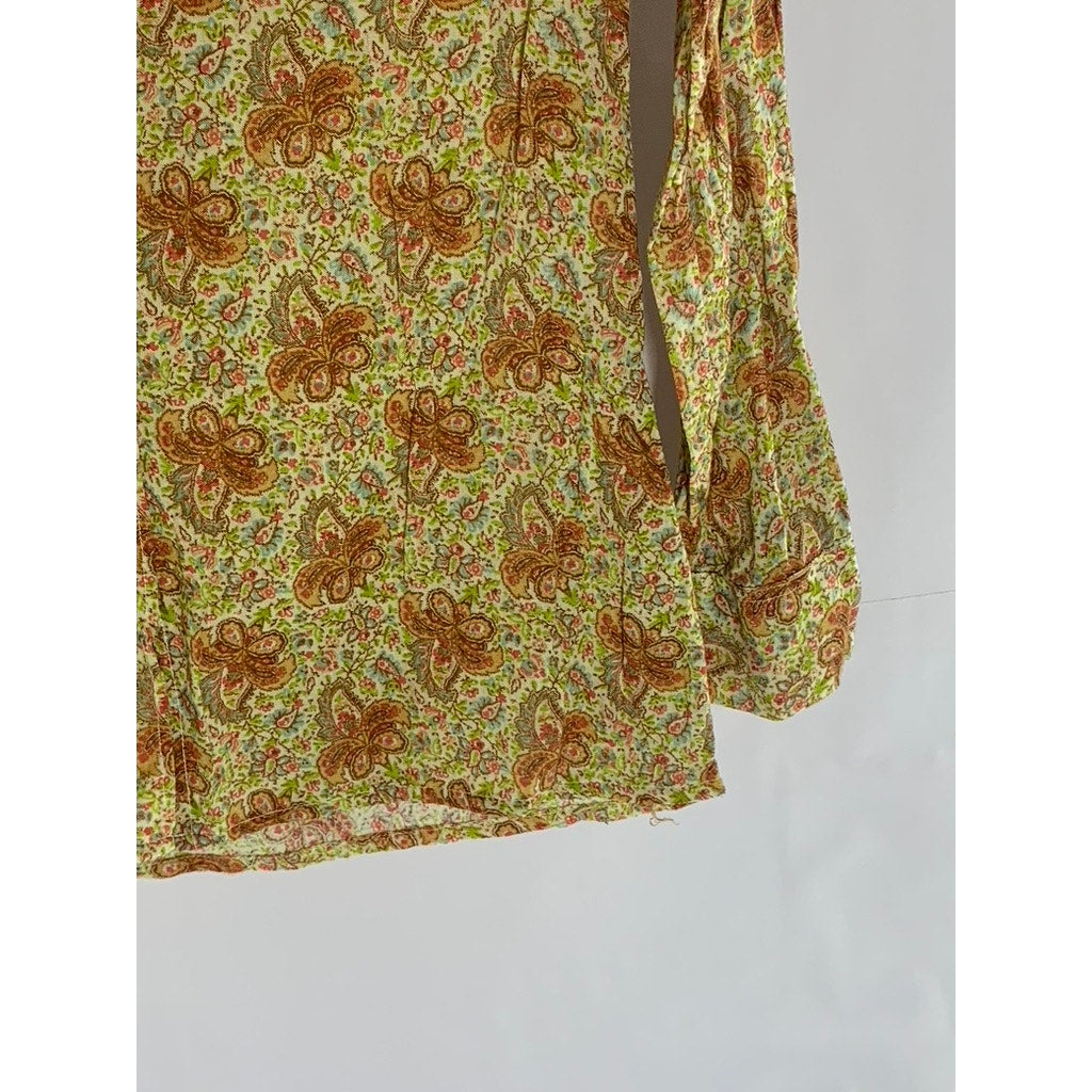 UNBRANDED Women's Tan Paisley Printed Button-Up Long Sleeve Top SZ S